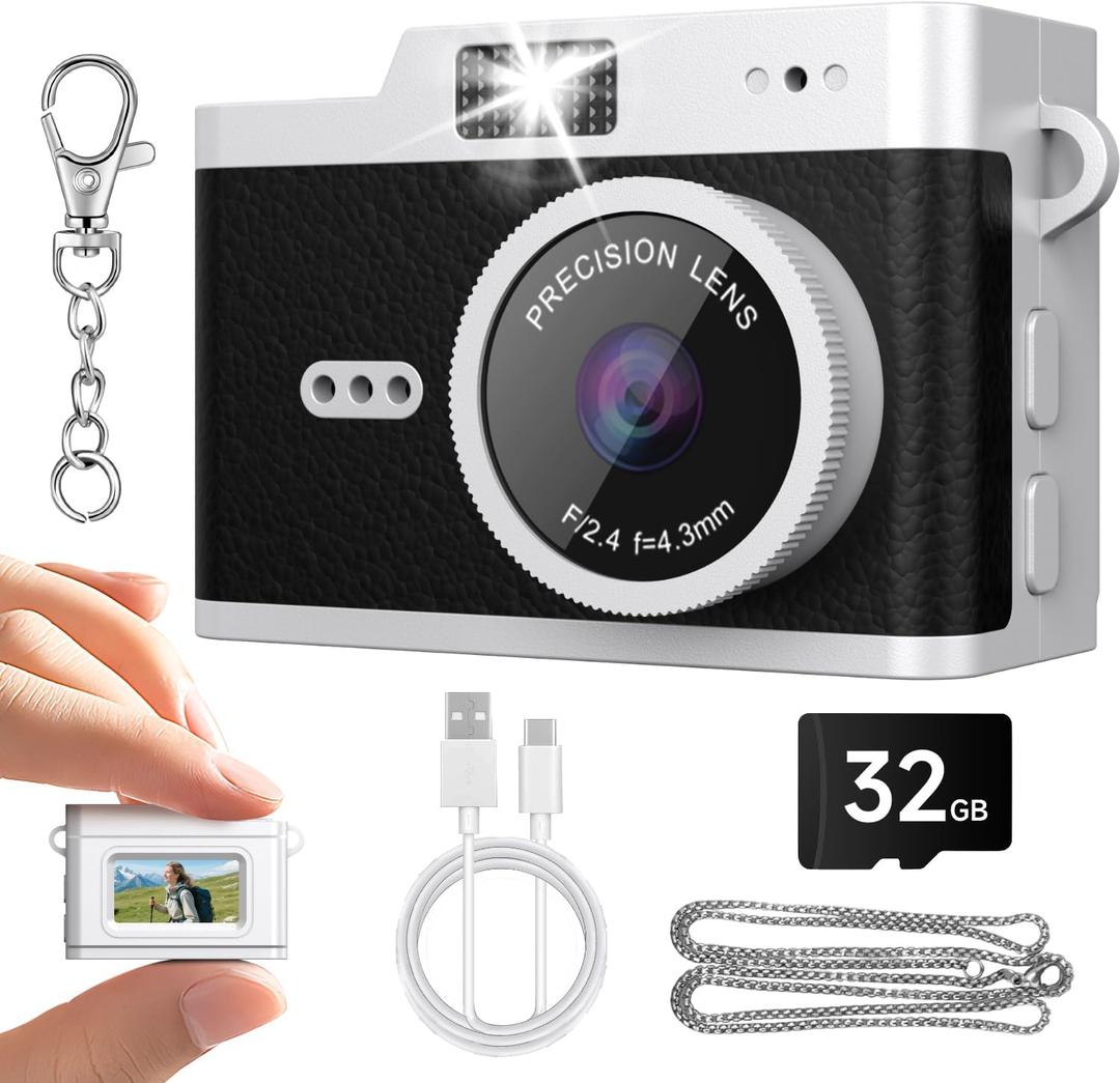 Pocket Mini Camera, Y2K Retro 1080P HD Keychain Digital Camera with 32GB SD Card & 0.96" Screen, Portable Video Recorder for Travel Vlogs & Daily Recording, Black