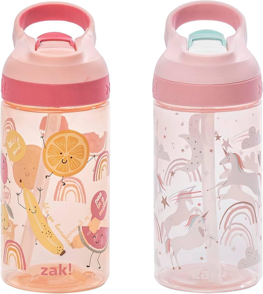 Zak Designs Atlantic Kids Water Bottle For SchoolZak Designs Atlantic Kids Water Bottle For School or Travel, 16oz Durable Plastic Water Bottle With Straw, Handle, and Leak-Proof, Pop-Up Spout Cover, 2-Pack (Fanciful Unicorn and Happy Fruit)