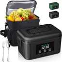Cordless Electric Lunch Box for Adults, 1.4L Heated Lunch Box for Men with Smart Meal Scheduling & Auto Keep Warm, Portable Food Warmer for Car with Insulated Bag, Ice Pack (Meteorite Black)