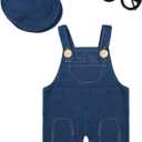 Newborn Baby Photography Props Infant Baggy Retro Denim Jumpsuit Overalls Hat and Glasses Set Handmade Photo Shoot Costume for Boys Girls (Short Clothing Set)