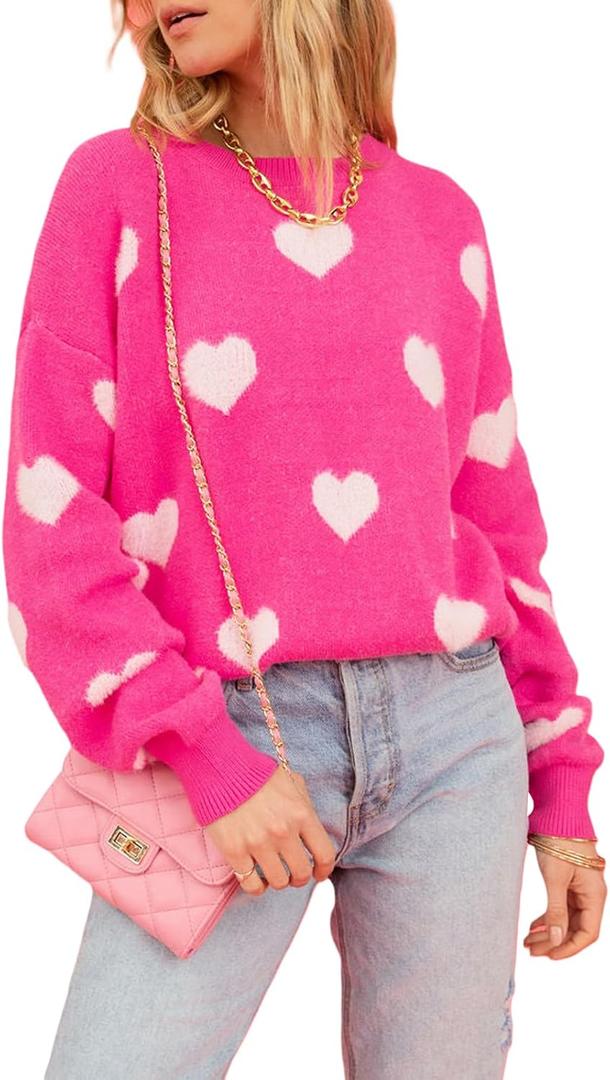 Heart Sweater for Women Valentines Cute Print Crewneck Long Sleeve Oversized Love Sweaters Knit Pullover Tops (X-Large, Bright Rose)