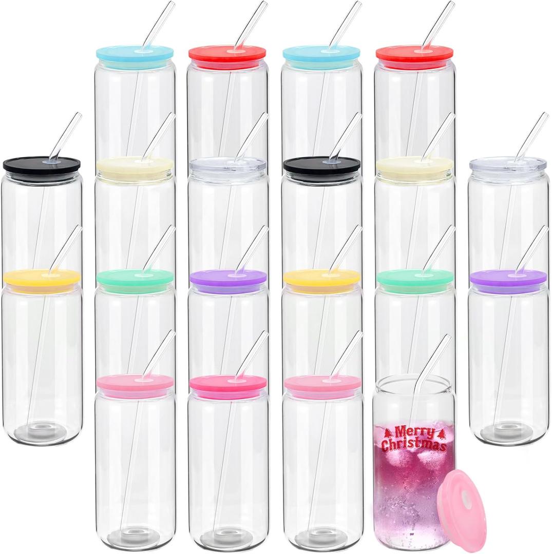 20 Pack Drinking Glass Cups with Acrylic Lids and Glass Straws 16oz Clear Glass Tumblers Can Shaped Iced Coffee Cups Drinking Glasses, Cute Glass Cups for Tea Beer Soda Smoothie Whiskey Gift