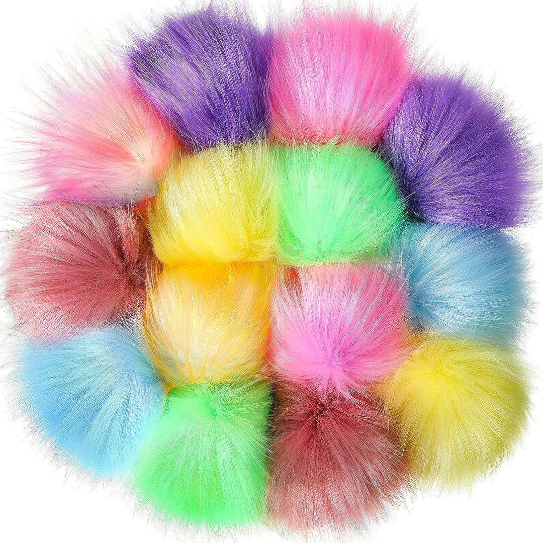 Bememo 14 Pieces Faux Fur Pom Pom Balls for Hats DIY Faux Fur Pompom with Elastic Loop for Hats Shoes Scarves Gloves Scarves Bag Key Chain Charms Accessories (Mix Light Color)