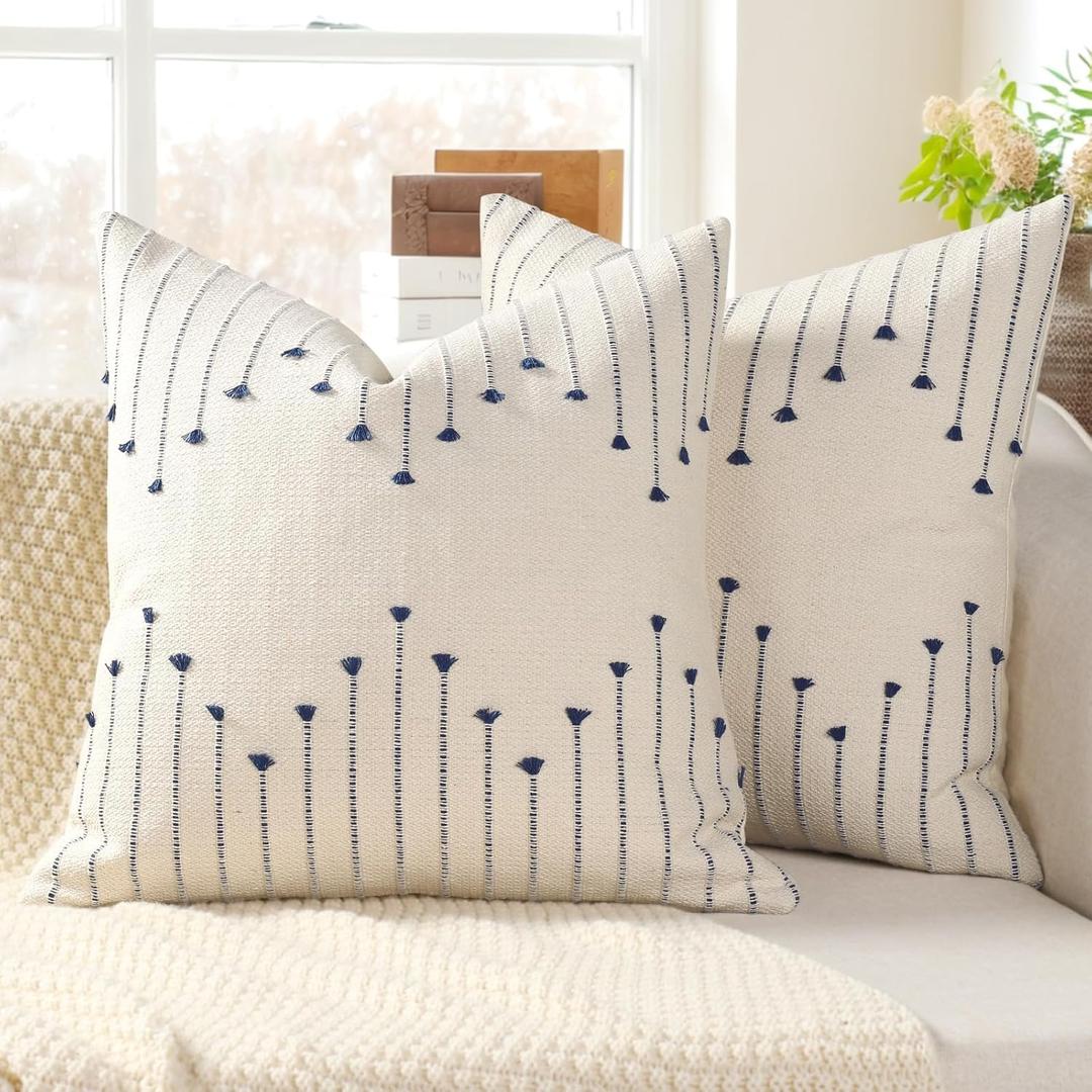 Boho Spring Throw Pillow Covers 20x20 Set of 2 Neutral Woven Decorative Pillowcases Cotton Tufted Couch Pillows Modern Farmhouse Cushion Covers for Sofa Couch Bed Living Room Home Decor, Navy Blue