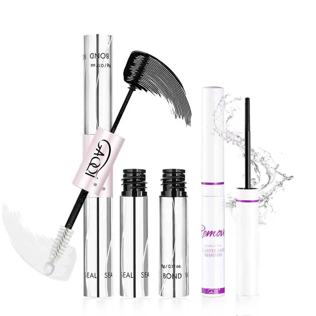 GAQQI Lash Bond and Seal + Remover 3 in 1 Set, 10ml Lash Cluster Glue Waterproof for Eyelash Clusters, 5ml Eyelash Remover Gentle Formula, Strong Hold for 72H+