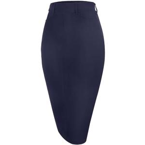 Houmous Women's Cotton Work Pencil Skirt Stretch Office Midi Below Knee Bodycon Belt Loops Back Slit Pockets, L