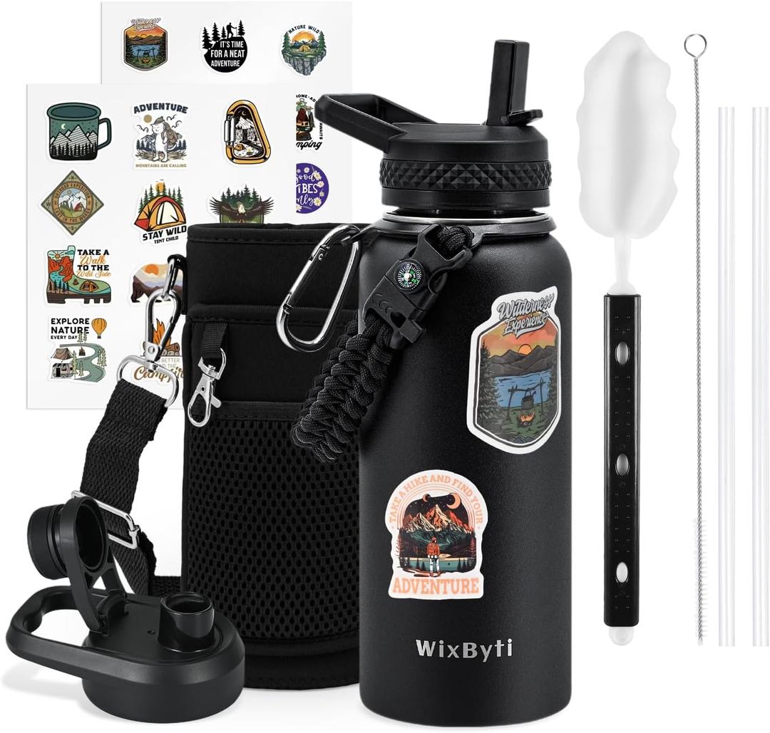 WixByti 32 oz Insulated Water Bottle with Straw (Cold for 24 Hrs), Stainless Steel Triple Wall Vacuum Sports Water Jug, Leakproof Hydro Cup Flask with Paracord Handle & Straw Spout Lids & DIY Stickers