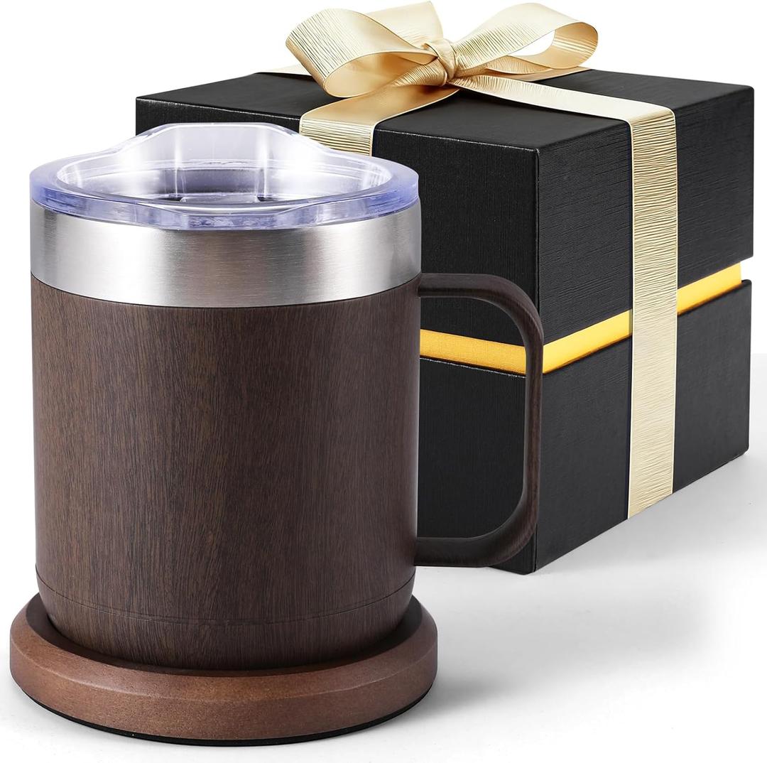 Gifts for Women Men, Heated Coffee Mug Up to 149F, Ideal Gifts for Christmas, Birthday, Mother's Day, Father's Day or Any Occasion (12oz Wood)