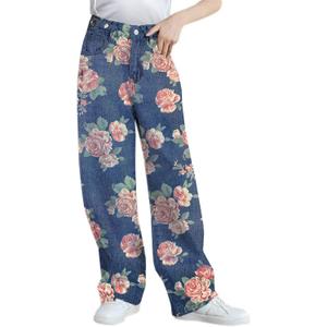 SANGTREE Girls Printed Jeans Baggy Jeans Elastic Waist Casual Wide Leg Denim Pants 6-14 Years (9-10 Years)