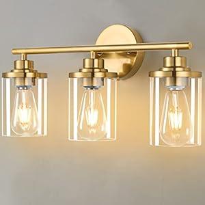 Porphyions Bathroom Light Fixtures, Vanity Lights Over Mirror, Brushed Gold Vanity Light for Bathroom, 20'' Brass Gold 3-Light Modern Bath Light