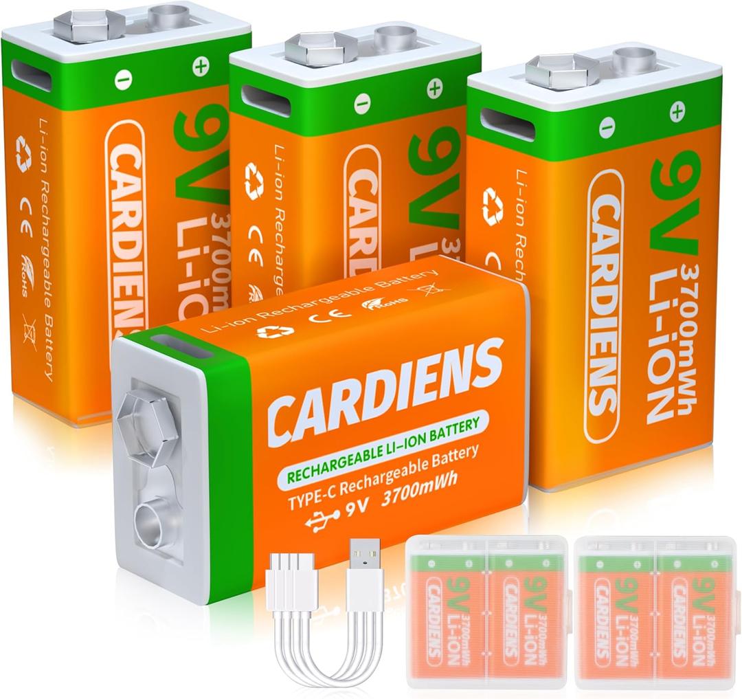 Rechargeable 9v Batteries USB 9 Volt Battery for Smoke Alarms 3700 mWh 9v Lithium Battery with 4-in-1 USB-C Charging Cable and LED Charge Indicator, 4-Pack