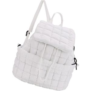 GOKTOW Quilted Backpack for Women, Puffer Gym Bag for Travel Sports Lightweight Drawstring,White