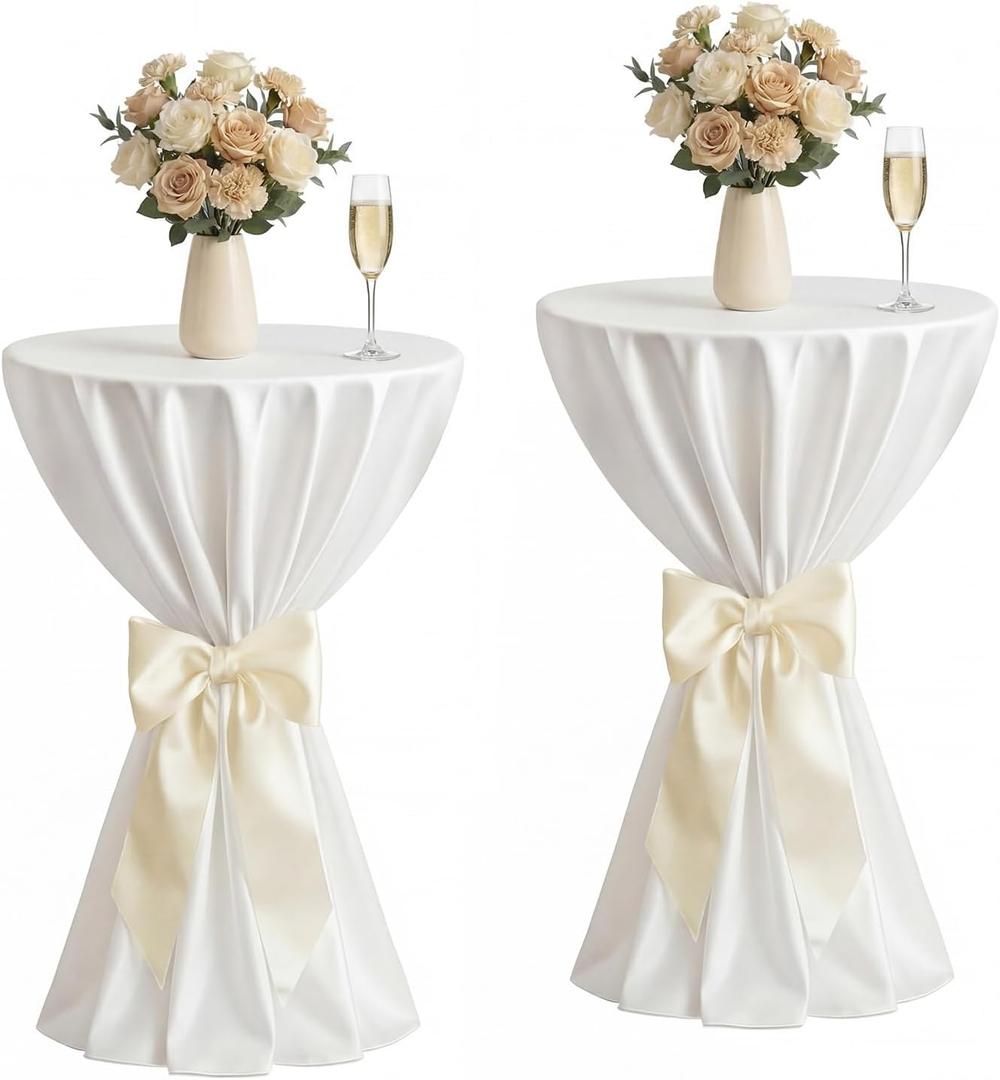 Mindsoft 2 Set 108'' Dia Satin Cocktail Table Covers with Bow Ribbon, for 24 x 43 Inch, White Round Cocktail Table Cloth, for Bar Wedding Pub Bistro Highboy Party Banquet