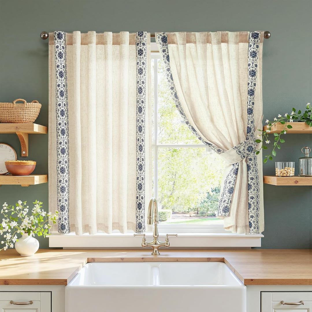 jinchan Small Window Curtains 45 Inch Length Linen Cafe Curtains for Kitchen Bathroom Floral Embroidered Short Drapes Rustic Farmhouse Light Filtering Curtain Set 2 Panels Blue on Beige