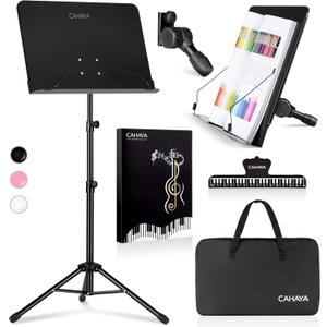 CAHAYA 5 in 1 Dual-use Sheet Music Stand & Desktop Book Stand Metal Portable Solid Back Height Adjustable from 31.4-57in with Book Stand Support, Carrying Bag, Sheet Music Folder and Clip (Black)