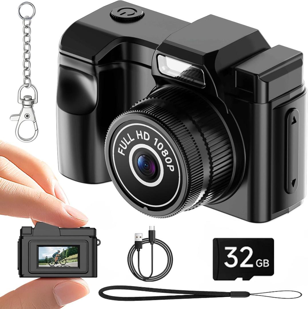 Mini Keychain Camera, Retro Snap Mini Digital Camera, 1080P Tiny Pocket Video Camera Vintage Portable Small Camcorder for Travel Vlogging, Video Recorder with 32GB Card, Black