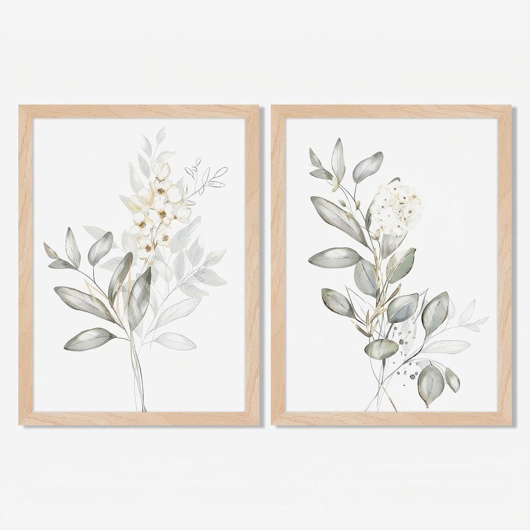 Framed Nature Botanical Wall Art Set of 2, White Floral with Green Eucalyptus Leaves Canvas Prints, Modern Minimalist Flower Painting Picture For Kitchen, Bedroom, Dining Room,Bathroom Decor, 8x10IN