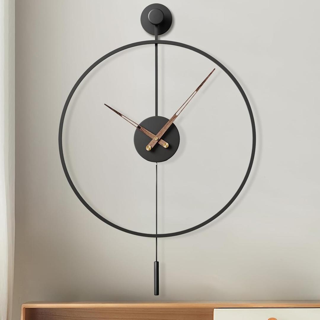34.624 Inch Large Modern Decorative Giant Pendulum Wall Clocks,Big Classical Metal Dial Wall Clock with Walnut Pointers for Living Room,Office,Entryway,Dining Room Decor (Black)