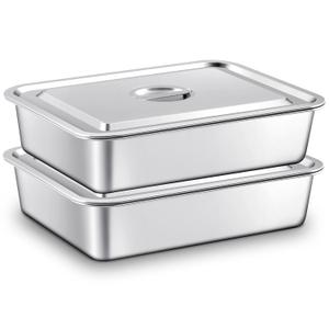 2 Pcs Stainless Steel Bus Tubs with Lid 13 L Commercial Tote Box 4" Deep Food Grade Meat Processing Tubs Lug Dishwashing Utility Prep Tub Table Pans, Silver (17.7 x 13.7 Inch)