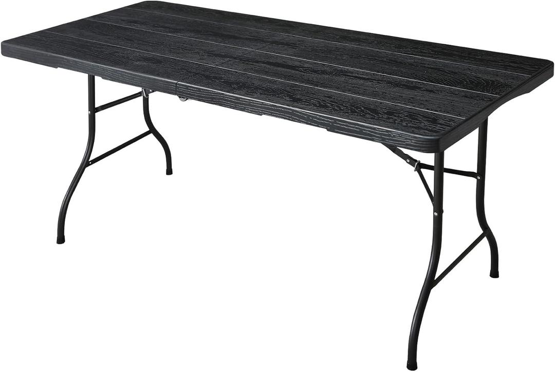 6ft Folding Table, Portable Heavy Duty Plastic Fold-in-Half Utility Table for Indoor/Outdoor Use, Dining, Camping, Picnic, Party, Black Woodgrain, 27.56 inches x 70.87 inches x 29.13 inches
