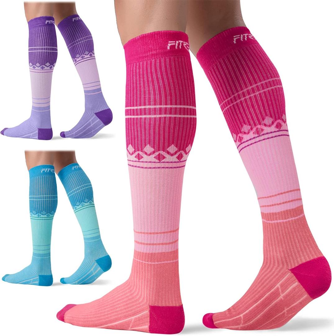 FITRELL 3 Pairs Compression Socks for Women and Men 20-30mmHg-Circulation Support Socks (Large-X-Large, Pink+Purple+Blue)