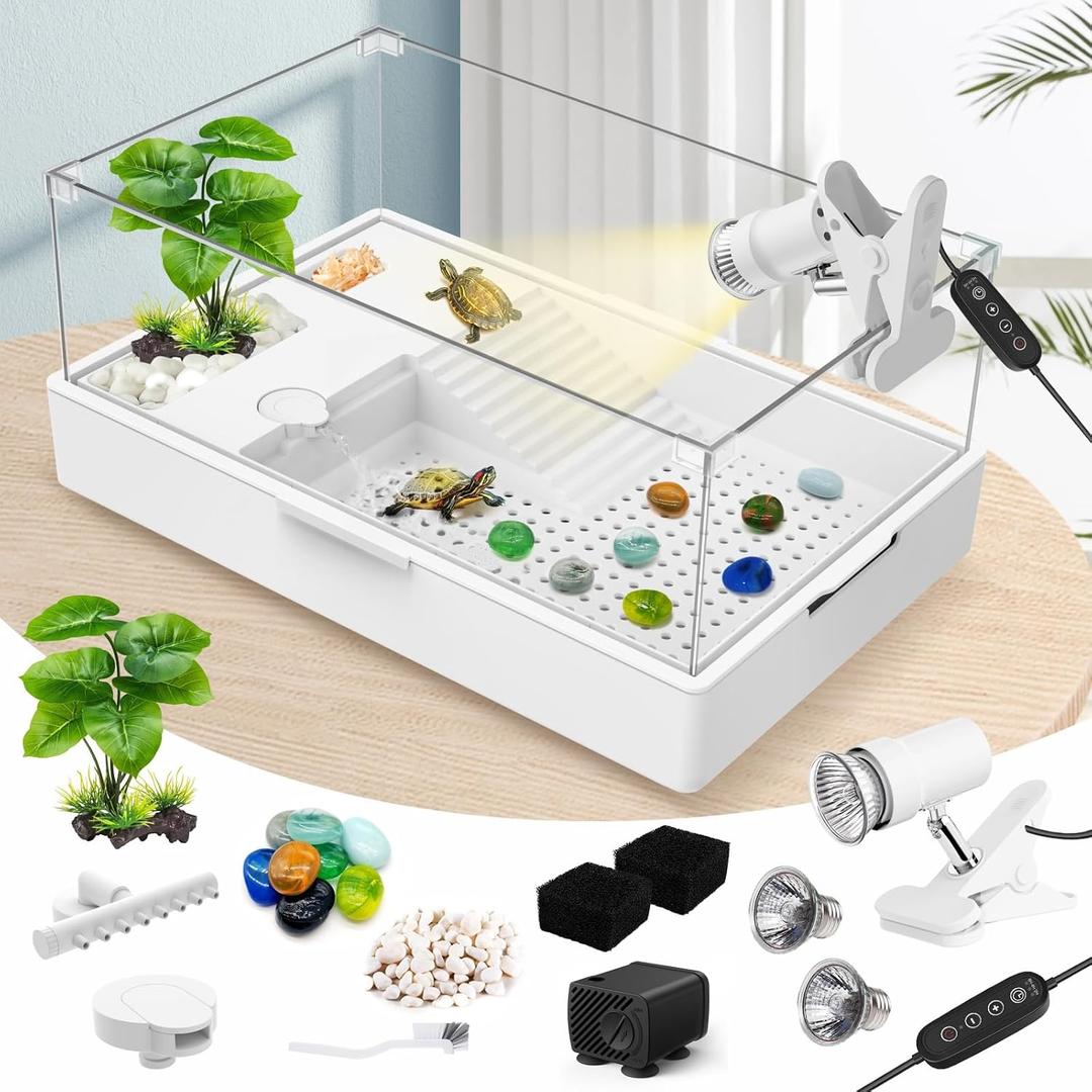 GOZILLA Small Turtle Tank Kit(Tank+Lamp+Filter), Acrylic Aquarium Turtle Starter Kit Habitat with Multi-Functional Areas for Small Reptiles. (Large Two Layer Kit)
