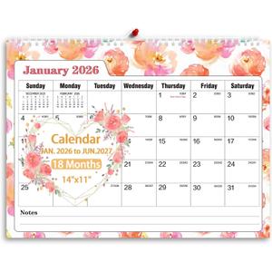 4 x Ymumuda Wall Calendar 2026-2027,11"14", 18 Months from JAN. 2026 to JUN. 2027, Hanging Calendar Spiral Binding, Unique Monthly Calendar for Easy PlanningPerfect for School Office Work Schedule (Pink Floral)