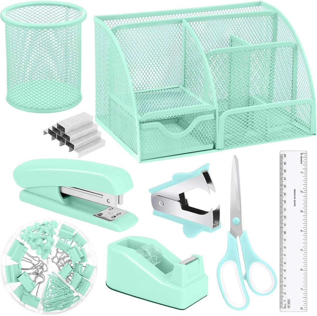 auroray Green Desk Organizers and Accessories, Teal Office Supplies Set Green Mesh Desk Organizer, Stapler, Tape Dispenser, 1000 Staples, Staple Remover, Pen Holder, Clips Set, Ruler, Scissors