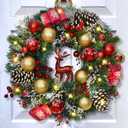 Christmas Wreaths for Front Door, 16'' Christmas Wreath with Lights Sparkly Red Reindeer Berries Cones Pine Needles, Christmas Door Wreath for Home Door Wall Party Christmas Decorations