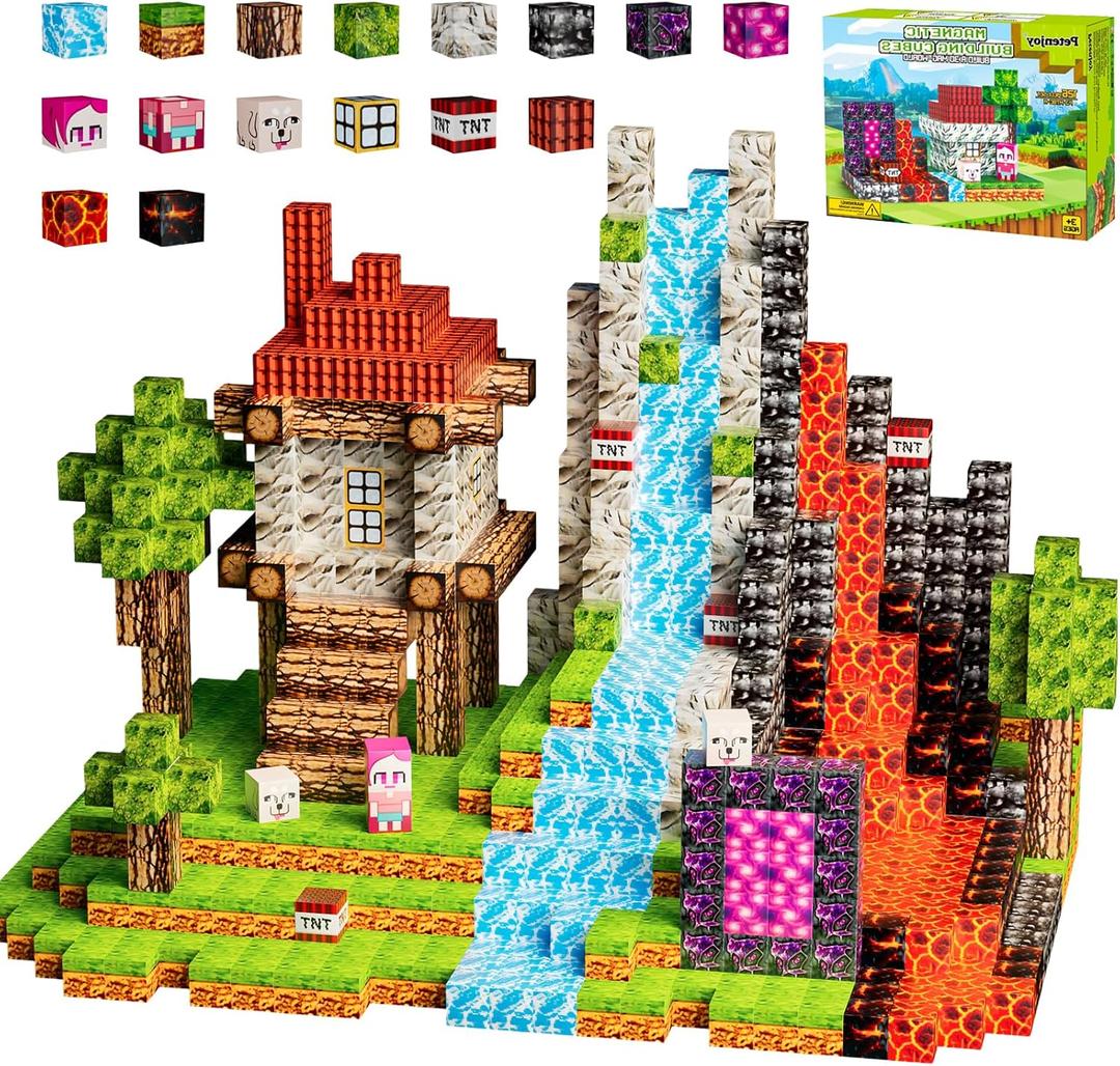 Petenjoy Magnetic Blocks Minecraft-Style Magnetic Building Blocks Cubes - 126PCS 1 inch Magnet Toys Set STEM Educational for Kids Ages 4-8 6-8 8-12 Year Old Boys Girls Birthday Christmas
