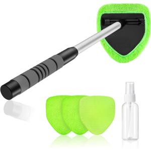 XINDELL Windshield Cleaner Tool  Car Interior Glass Cleaning Kit with Extendable Handle & 4 Microfiber Pads, Auto Glass Wash Brush for Car Detailing, Trucks, SUVs, RVs & Home Windows (19in)
