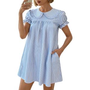 Women's Cute Babydoll Mini Dress Peter Pan Collar Ruffle Short Sleeve Pleated A Line Dresses 2026 Summer (Blue, L)