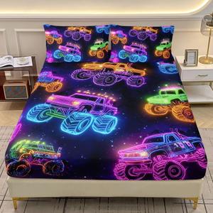 AILONEN Monster Truck Fitted Sheet Set Twin Size,Cartoon Neon Truck Kids Bedding Set 3-Piece,Galaxy Themed Colorful Fitted Sheet with 2 Pillowcases