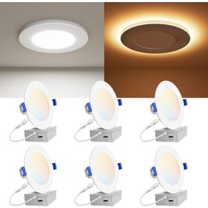VOLISUN 6 Pack 4 Inch 5CCT Recessed Light with Night Light,Canless LED Recessed Lighting 4 inch,2700K-5000K Selectable,9.5W=80W,810LM Dimmable Recessed Ceiling Wafer Light,ETL Certificated (White)