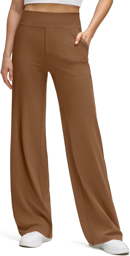 G4Free BareFeel High Stretch Wide Leg Pants for Women Soft Comfy Casual Yoga Pants with Pockets Petite/Regular/Tall (X-Small Tall, Dark Coffee)