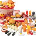 Hydeem 80 Pcs Pretend Play Food Toy for Kids Kitchen Aged 3 4 5, Fast Food Set with Storage Bucket, Pizza, Burger, Ice Cream, Hot Dog, Educational Birthday Toy Gift for Boys Girls