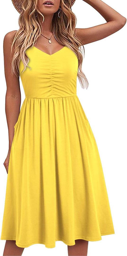 YATHON Casual Dresses for Women Sleeveless Cotton Summer Beach Dress A Line Spaghetti Strap Sundresses with Pockets (Yt090-yellow)(Small)