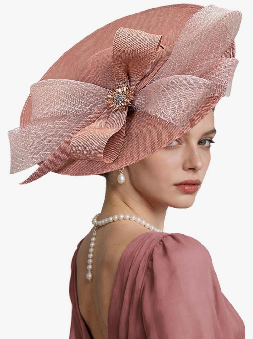Kgromfy Women's Wide Brim Fascinator Hat Tea Party Headband Large Vintage Church Hat Lady Headwear for Derby Wedding Cocktail