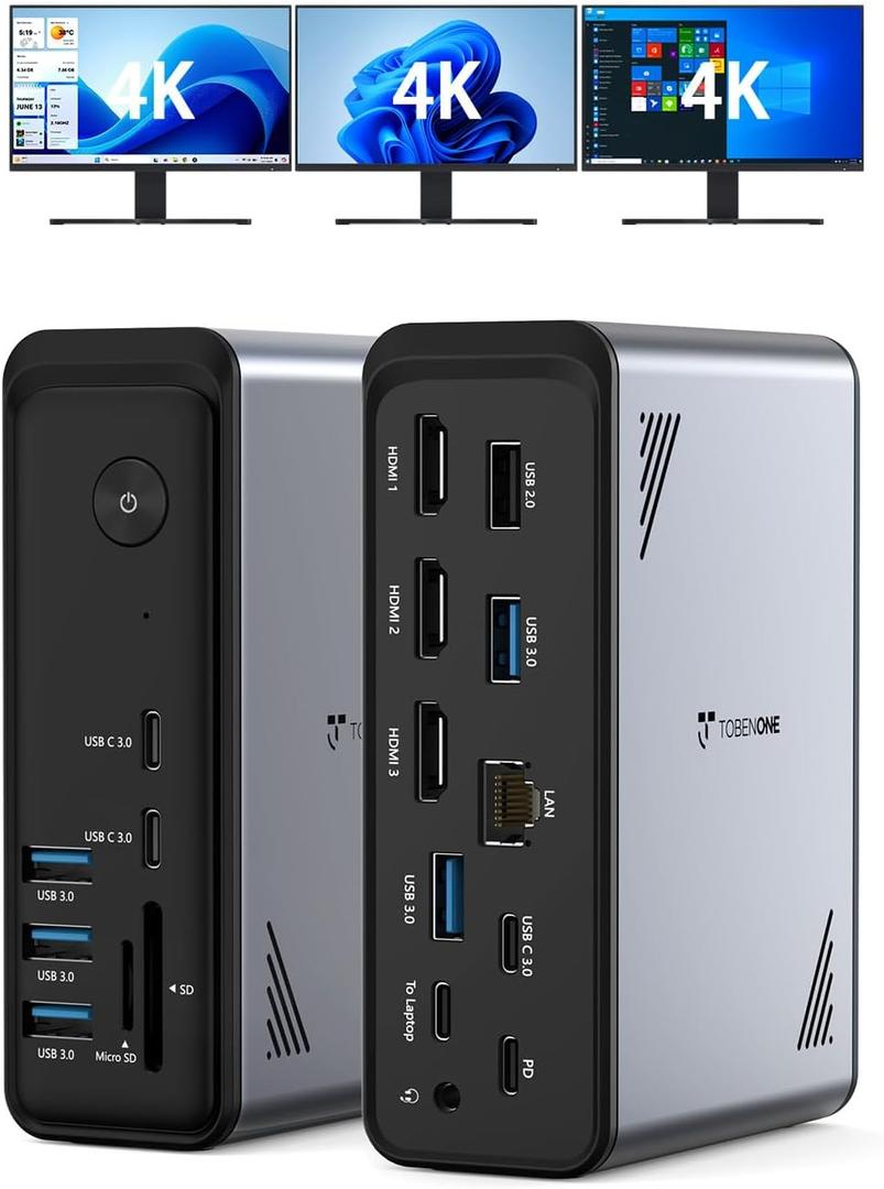 TobenONE 18 in 1 Laptop Docking Station 3 Monitors, Triple 4K Display with 3 HDMI, 9 USB Ports, Gigabit Ethernet, PD3.0, for Windows/Dell/Lenovo/HP/Thinkpad Laptops (No Power Adapter)