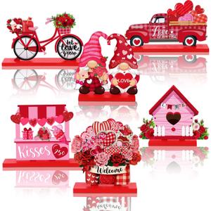 Blosssound 6 Pcs Valentine's Day Table Decorations Wooden Valentine Centerpieces Pink Gnomes Truck Bicycle House Heart Love XOXO Table Signs for Valentines Party Indoor Tabletop Desk Decor