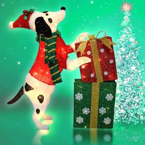 31in Christmas Dachshund Dog Decoration, Dalmatians Outdoor Display Spotty Decoration Christmas Tree Indoor Porch Yard Puppy with Gift Box Christmas Holiday Decor