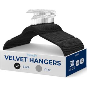 SereneLife 30-Piece Velvet Shirt Hangers  Black Non-Slip, Heavy Duty Clothes Hangers with 360 Swivel Hooks, 0.2" Slim Design, Sturdy & Lightweight Closet Organizers for Shirts, Coats & Pants