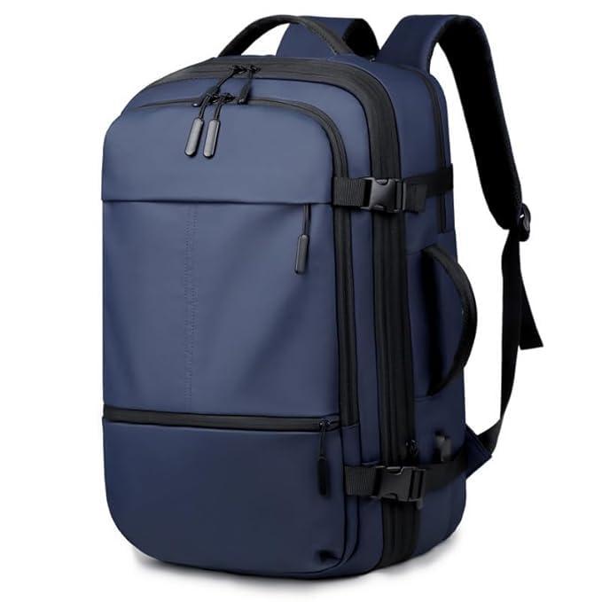 The Purple Tree PebblePac 40L Travel Laptop Backpack for Men & Women, Expandable Waterproof Cabin Bag with USB Charging Port, 15.6 Inch Laptop Sleeve, Carry-On Business Backpack for Travel (Blue)