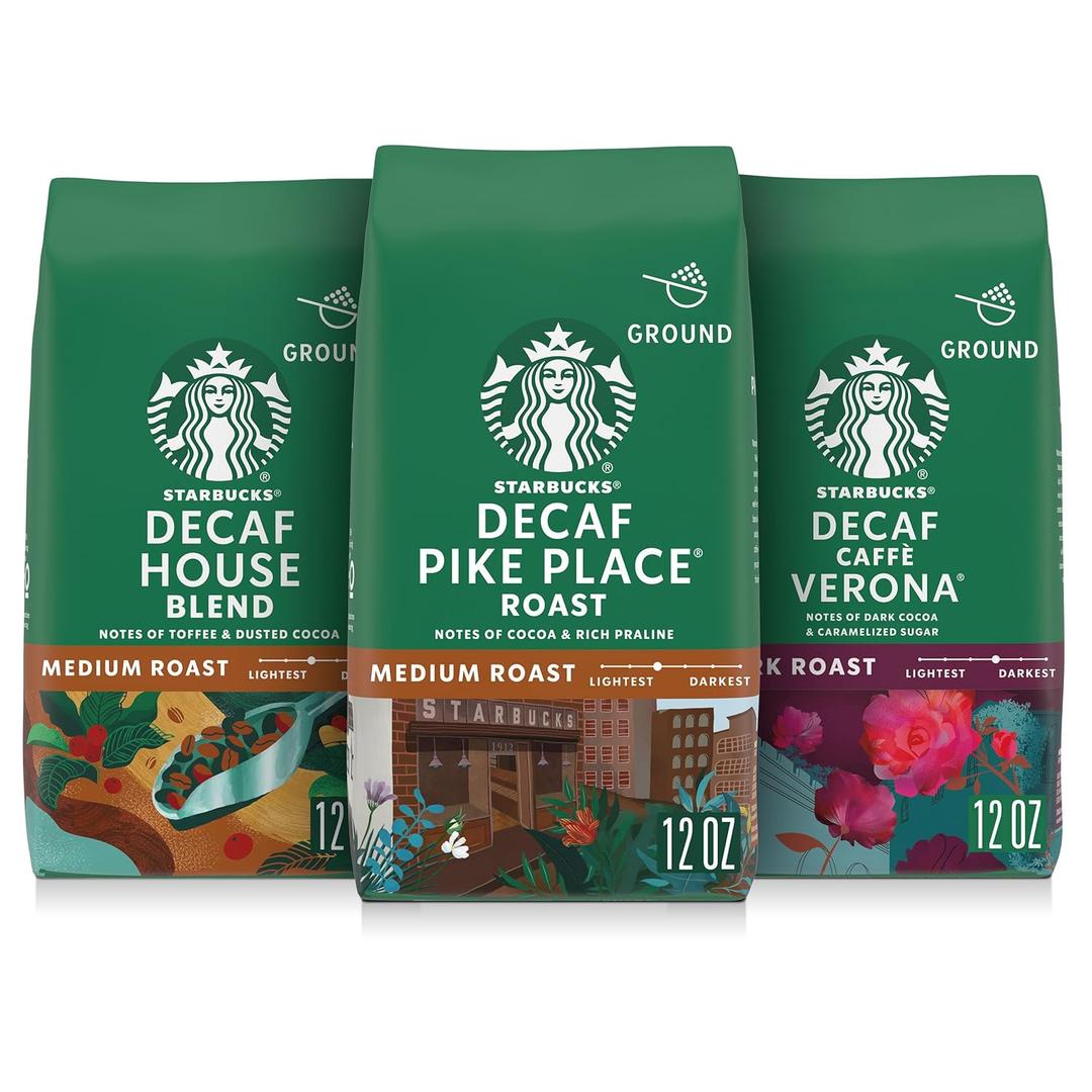 Starbucks Ground Coffee, Medium & Dark Roast Hot or Iced Coffee, Decaf Variety Pack, Three 12 oz Bags​, Size: 12 Ounce, BBD: 06 May 2026 (Pack of 3)