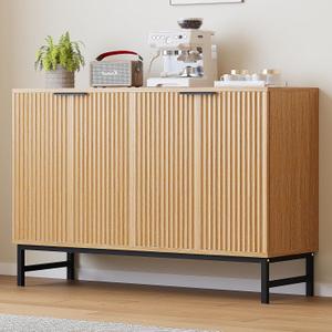 Luoxiao Buffet Sideboard with 4 Fluted Doors, 47" Modern Credenza Accent Cabinet with Adjustable Shelves, Console Table & Solid Legs, Coffee Bar Cabinet for Living Room, Hallway Natural Oak