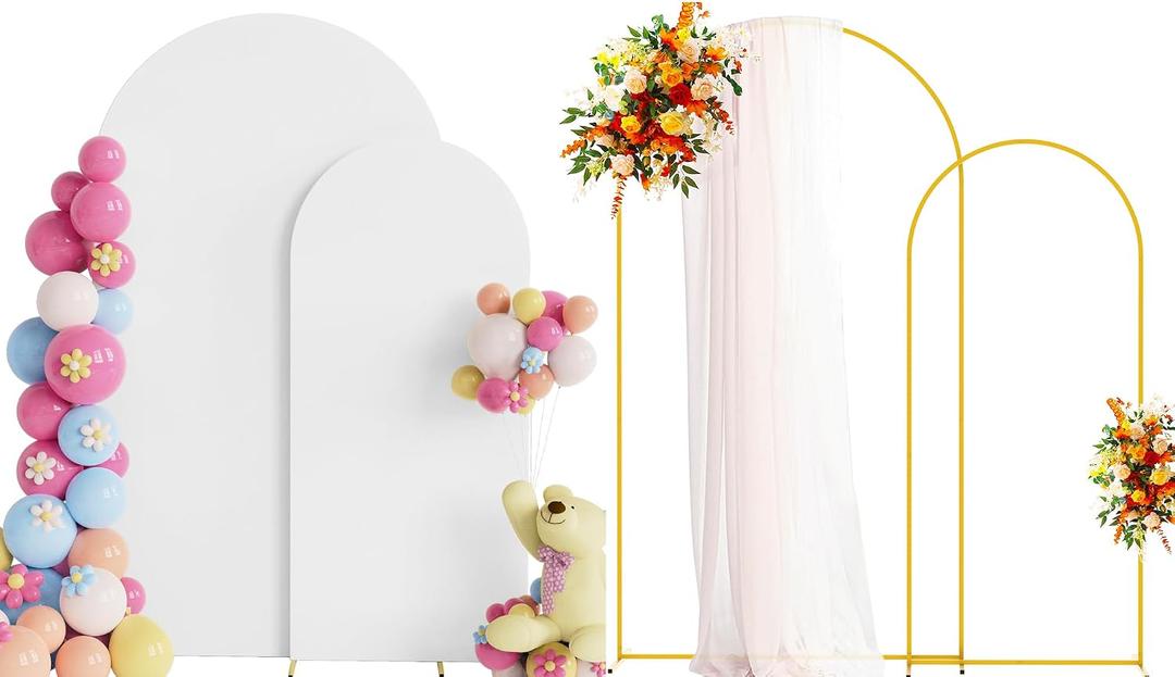 Putros Metal Arch Stand with Cover Set of 2 White Spandex Fitted Wedding Arch Cover and Round Top Chiara Backdrop Stand for Birthday Party Baby Shower Decoration 7.2FT, 6FT