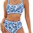 MELYUM High Waisted Bikini Sets for Women 2 Piece Tummy Control Swimsuit Floral Full Coverage Bathing Suit Teens Girls (Small, Dark Blue Floral Bikinis)