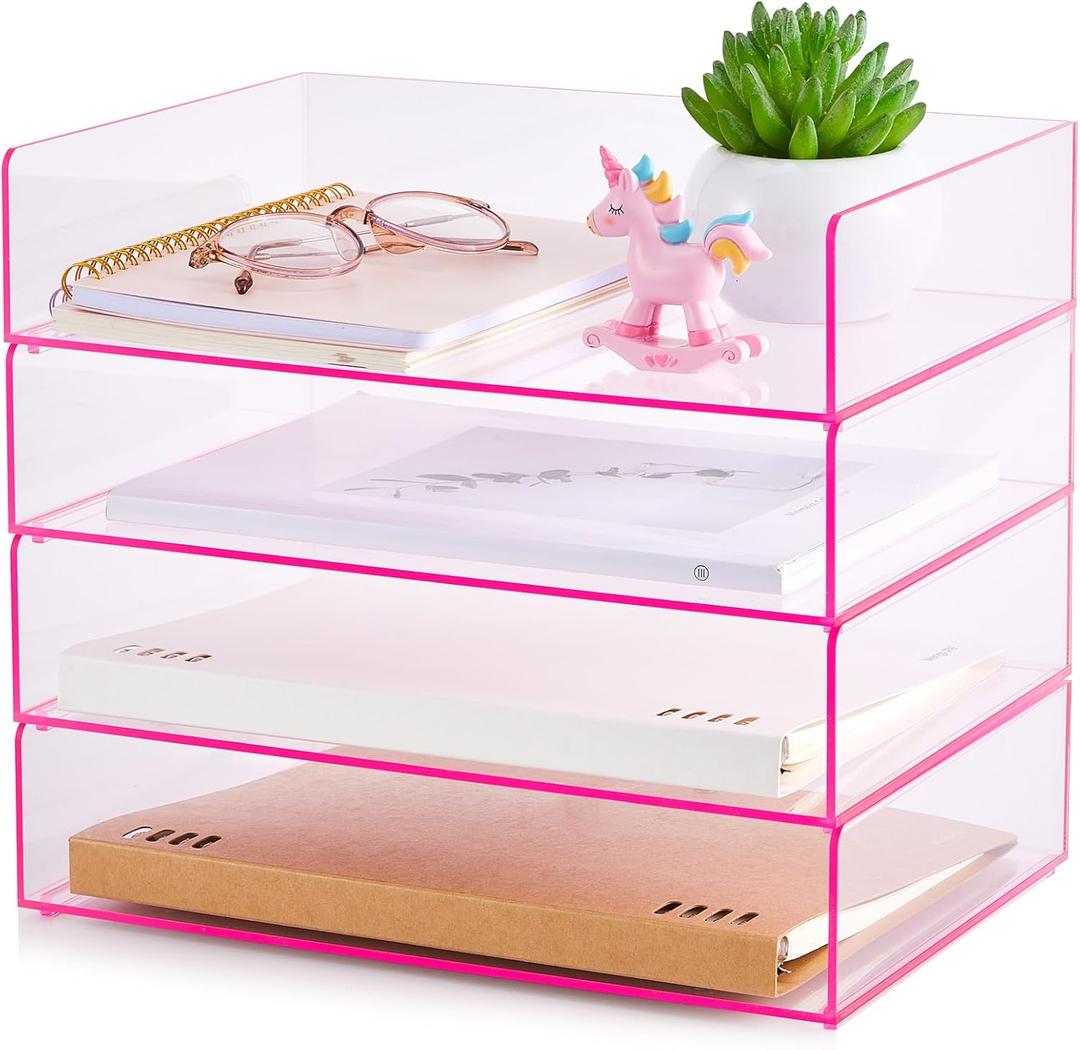 Harloon 4 Tier Paper Organizer Letter Tray Pink Acrylic Desk File Organizer Stackable Documents Letter Clear Paper Holder Sorter Office Tray for A4, Modern Office Classroom Home File Pad Books Notes (12.4 x 8.7 x 2.7 Inches)