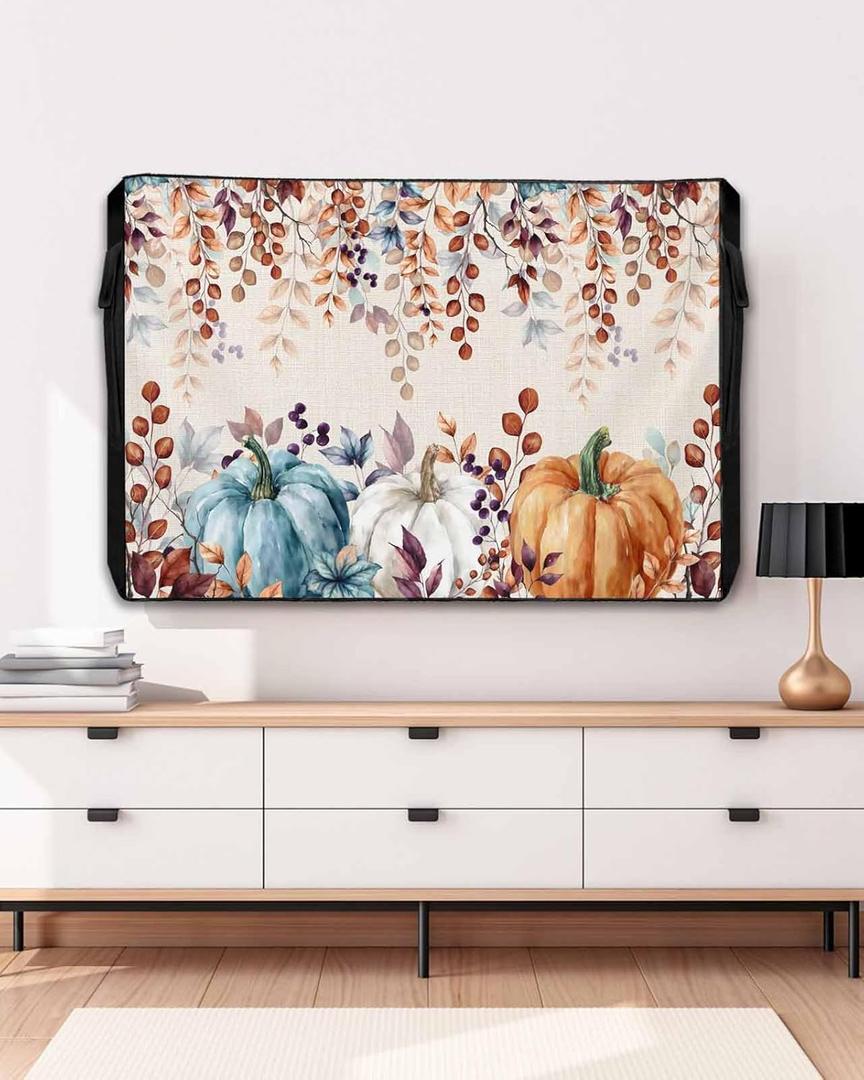 Thanskgiving Pumpkin Outdoor TV Cover for 60-65 Inch Outside Flat Screen,Fall Retro Eucalyptus Leaf 600D Thick Waterproof Weatherproof Outdoor TV Screen Protector with Zipper (58x37x4.5in-(148x94x12cm), Orange Blue White)