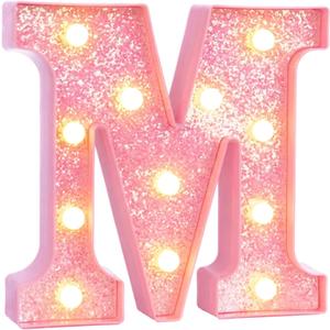 Pink Marquee Light Up Letters, Glitter Alphabet LED Letter Lights for Pink Birthday Party Decorations, Battery Operated Letter Sign for Girls Room Vanity Table Decor, Warm White Lights Letter M